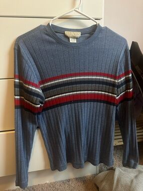 Studio Works women’s Blue Ribbed Long-Sleeve Vintage Stripe Sweater